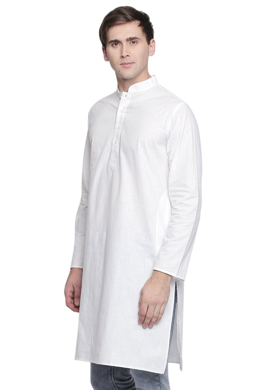 Men's white cotton band collar knee-length kurta, side view.