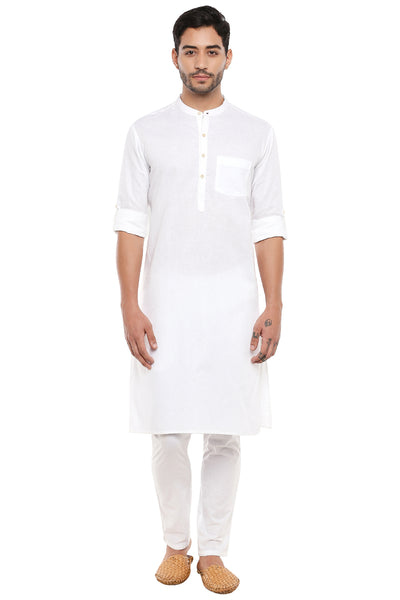 Men's white cotton band collar knee-length kurta style 2, alternate front view.