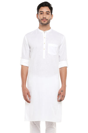 Men's white cotton band collar knee-length kurta style 2, front view.