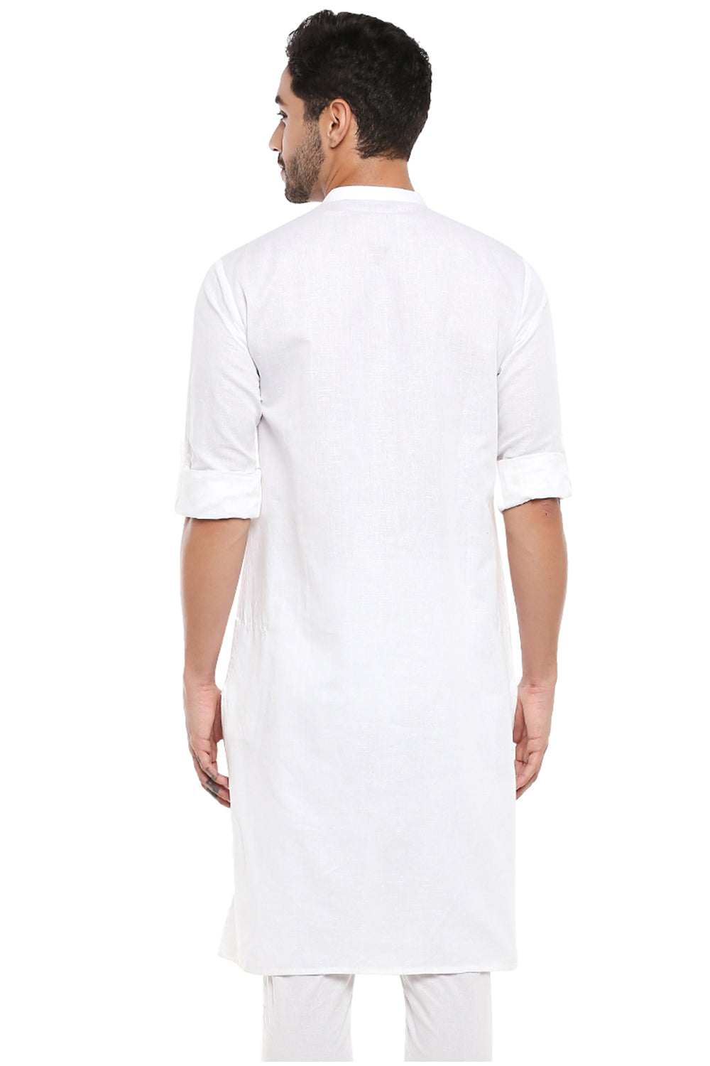 Men's white cotton band collar knee-length kurta style 2, side view.