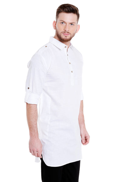 Alternate side view of men's white cotton Pathani roll-up sleeve kurta tunic with shoulder strap, suitable for wedding guest looks.
