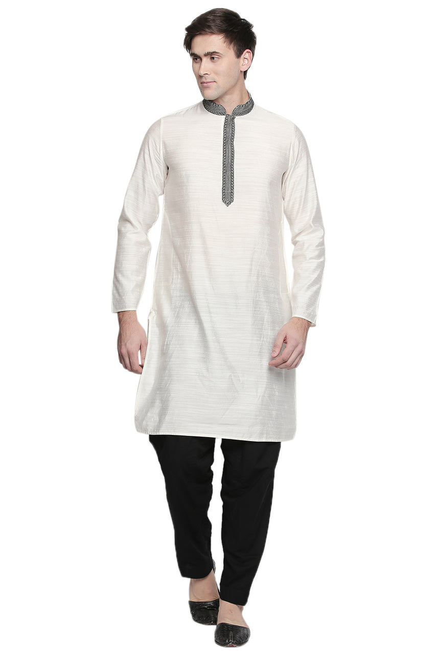 Men's white embroidered cotton blend knee-length kurta, alternate front view.