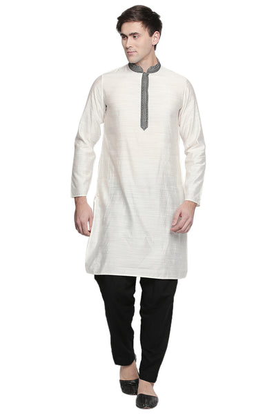 Men's white embroidered cotton blend knee-length kurta, alternate front view.