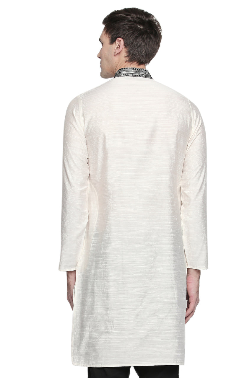 Men's white embroidered cotton blend knee-length kurta, alternate side view.
