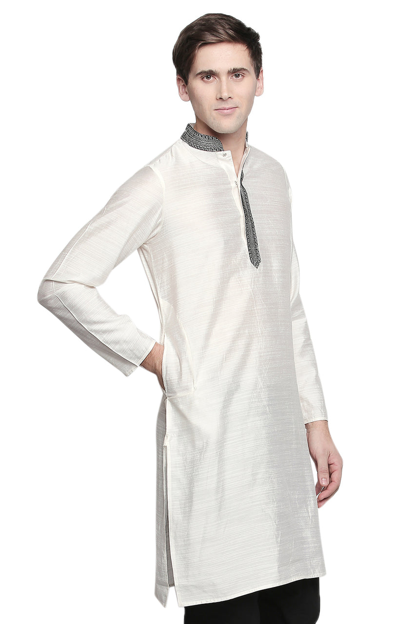 Men's white embroidered cotton blend knee-length kurta, back view.