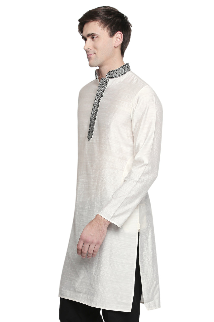 Men's white embroidered cotton blend knee-length kurta, close-up detail.