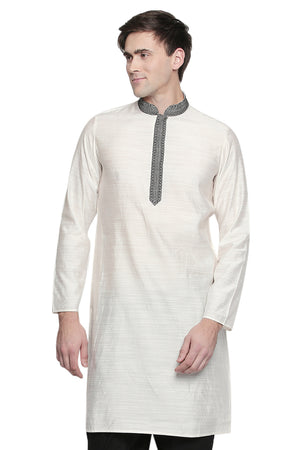 Men's white embroidered cotton blend knee-length kurta, front view.