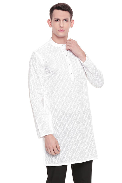 Men's white embroidered cotton knee-length kurta, alternate front view.