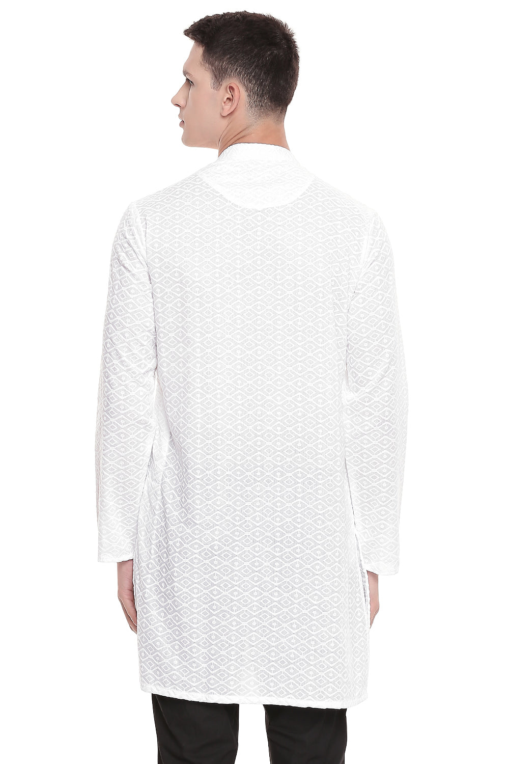 Men's white embroidered cotton knee-length kurta, alternate side view.