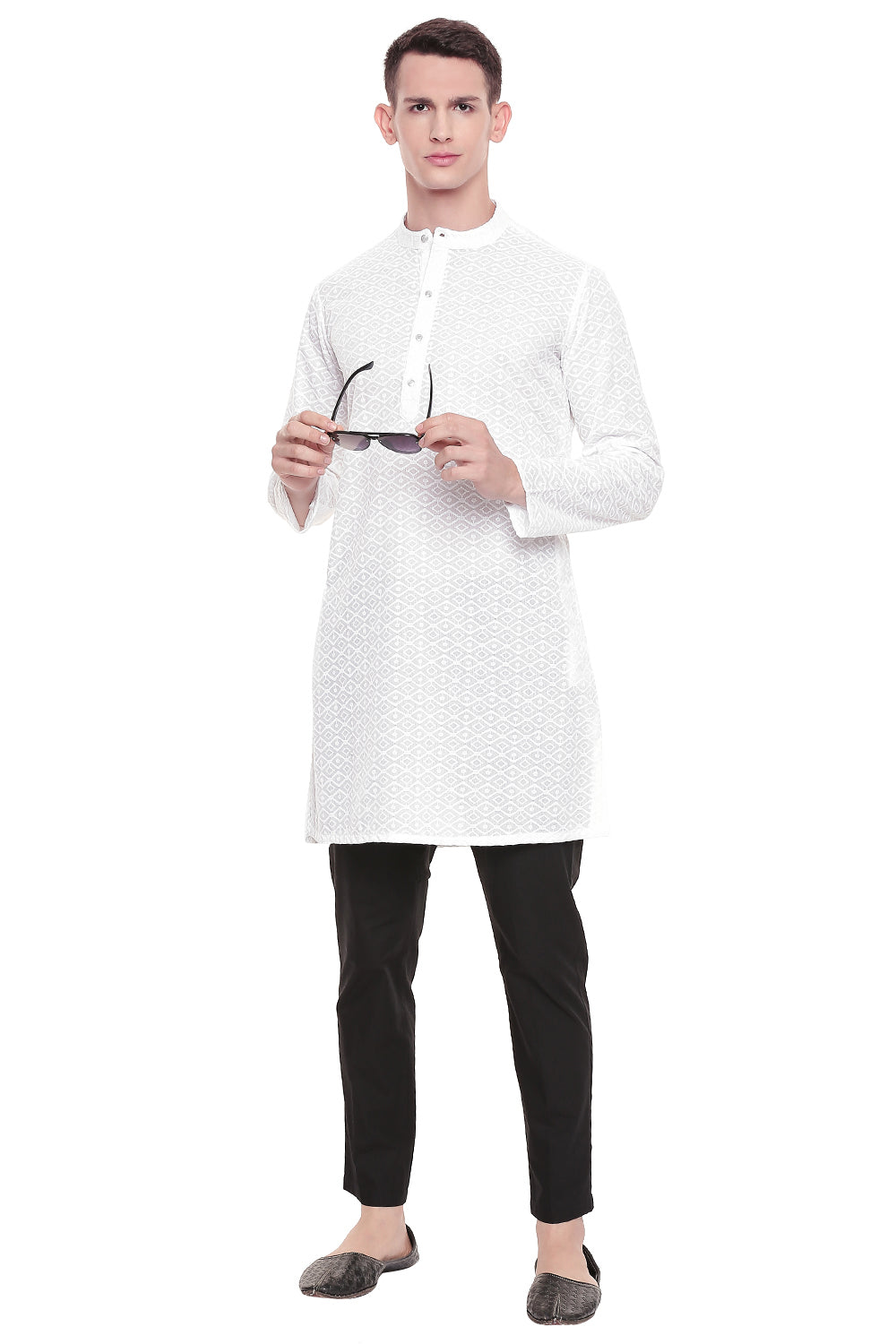 Men's white embroidered cotton knee-length kurta, back view.