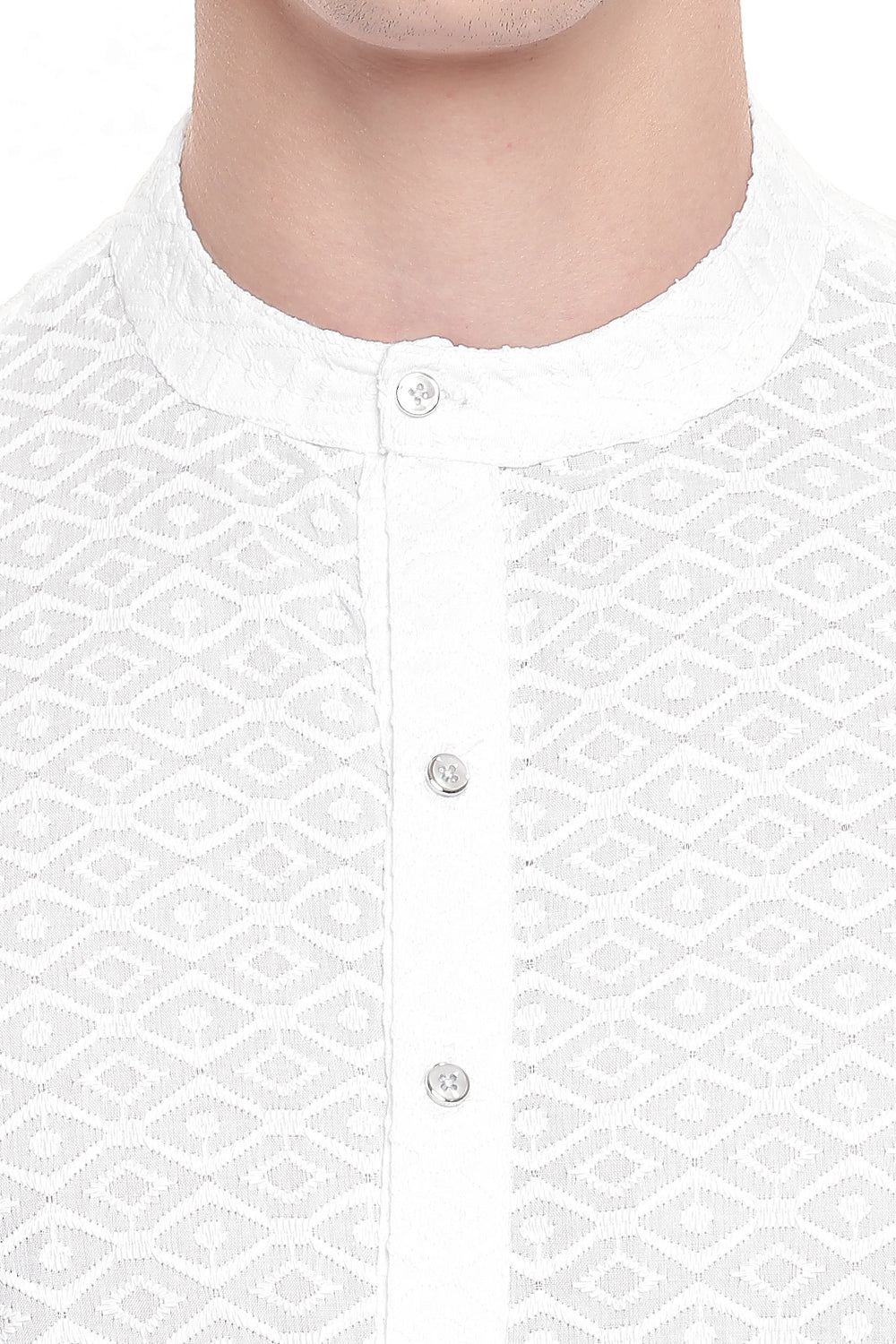 Men's white embroidered cotton knee-length kurta, close-up detail.