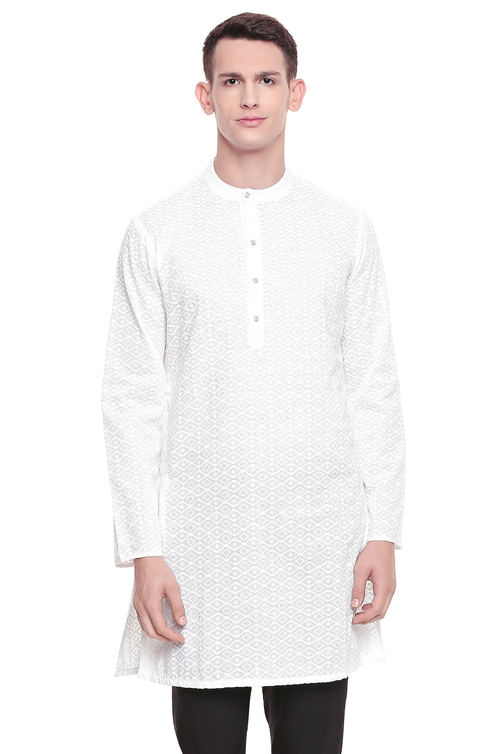 Men's white embroidered cotton knee-length kurta, front view.