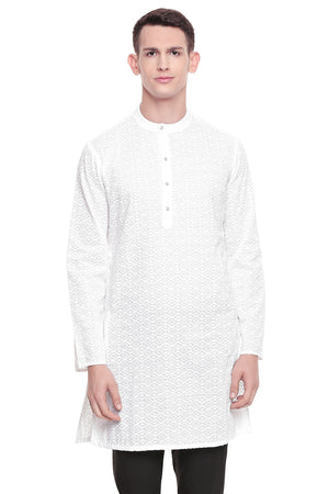 Men's white embroidered cotton knee-length kurta, front view.