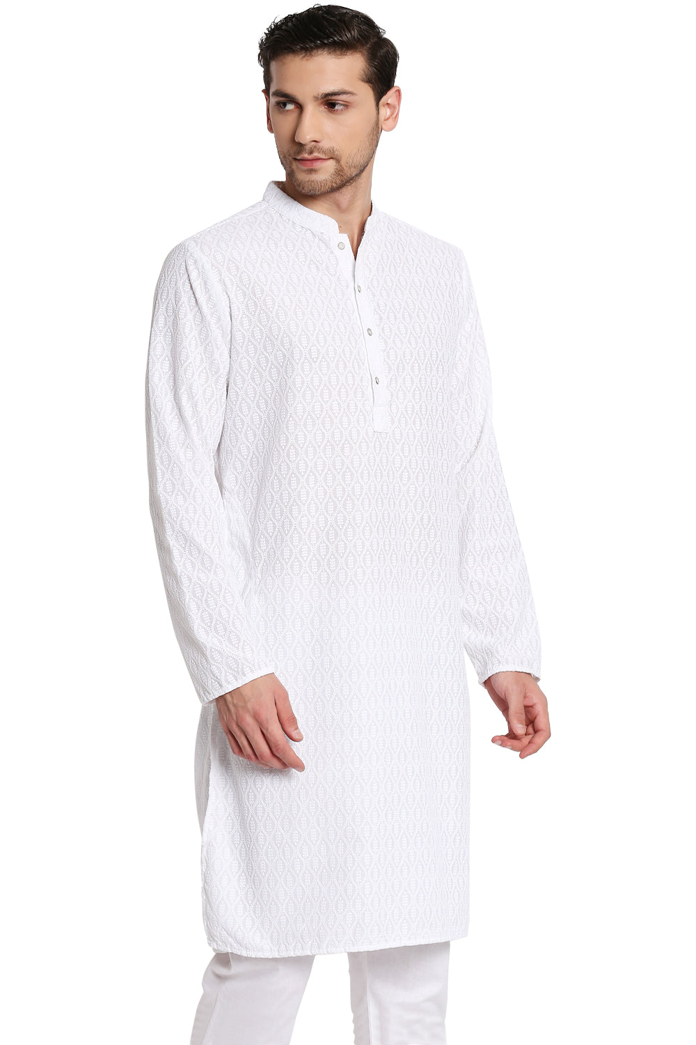 Men's white embroidered cotton knee-length kurta, alternate front view.