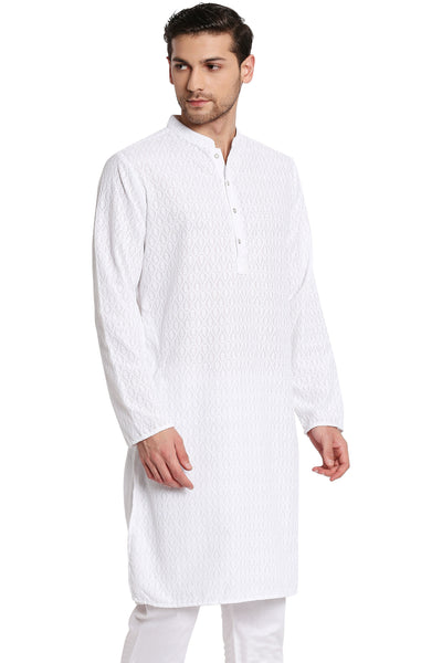 Men's white embroidered cotton knee-length kurta, alternate front view.