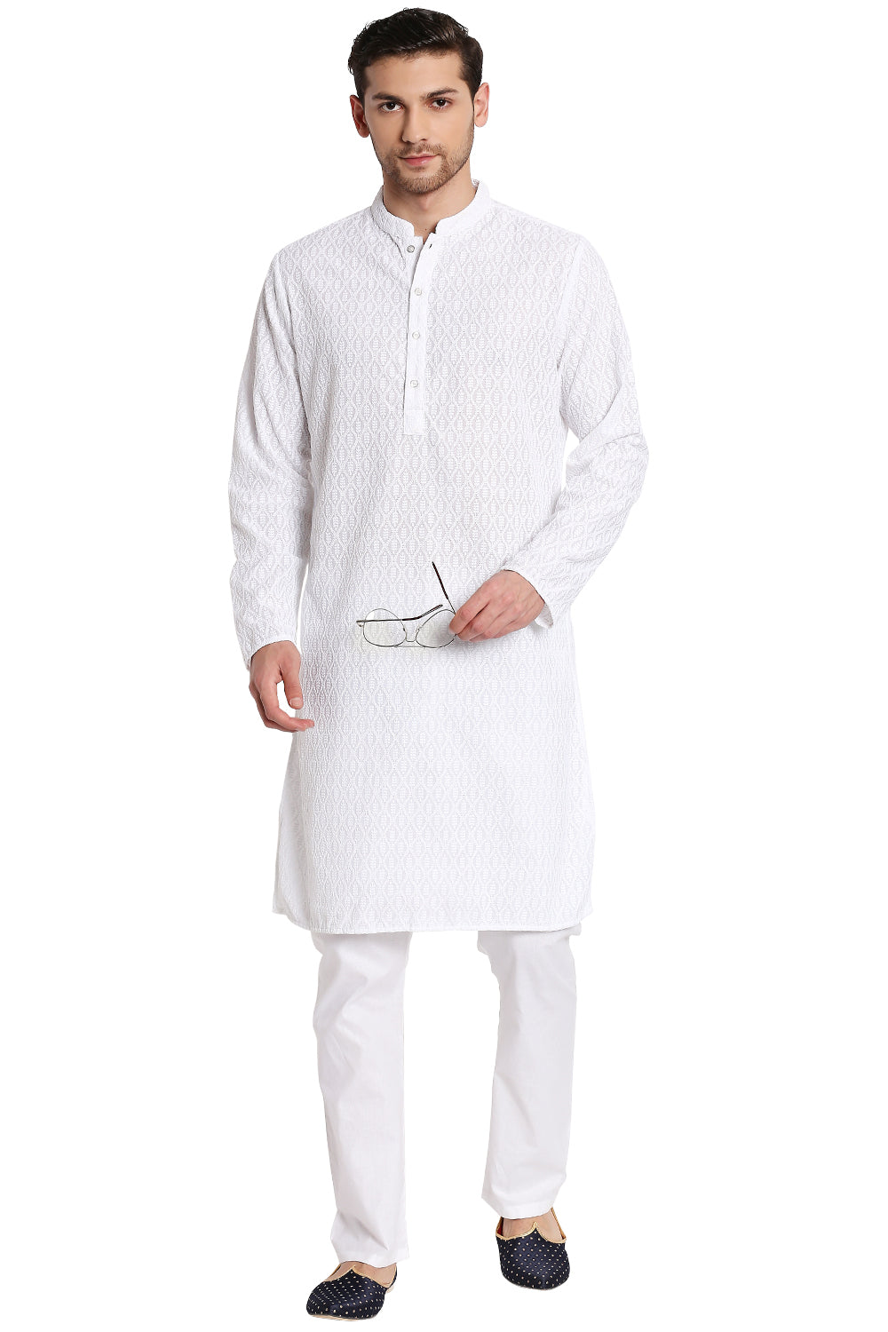 Men's white embroidered cotton knee-length kurta, alternate side view.