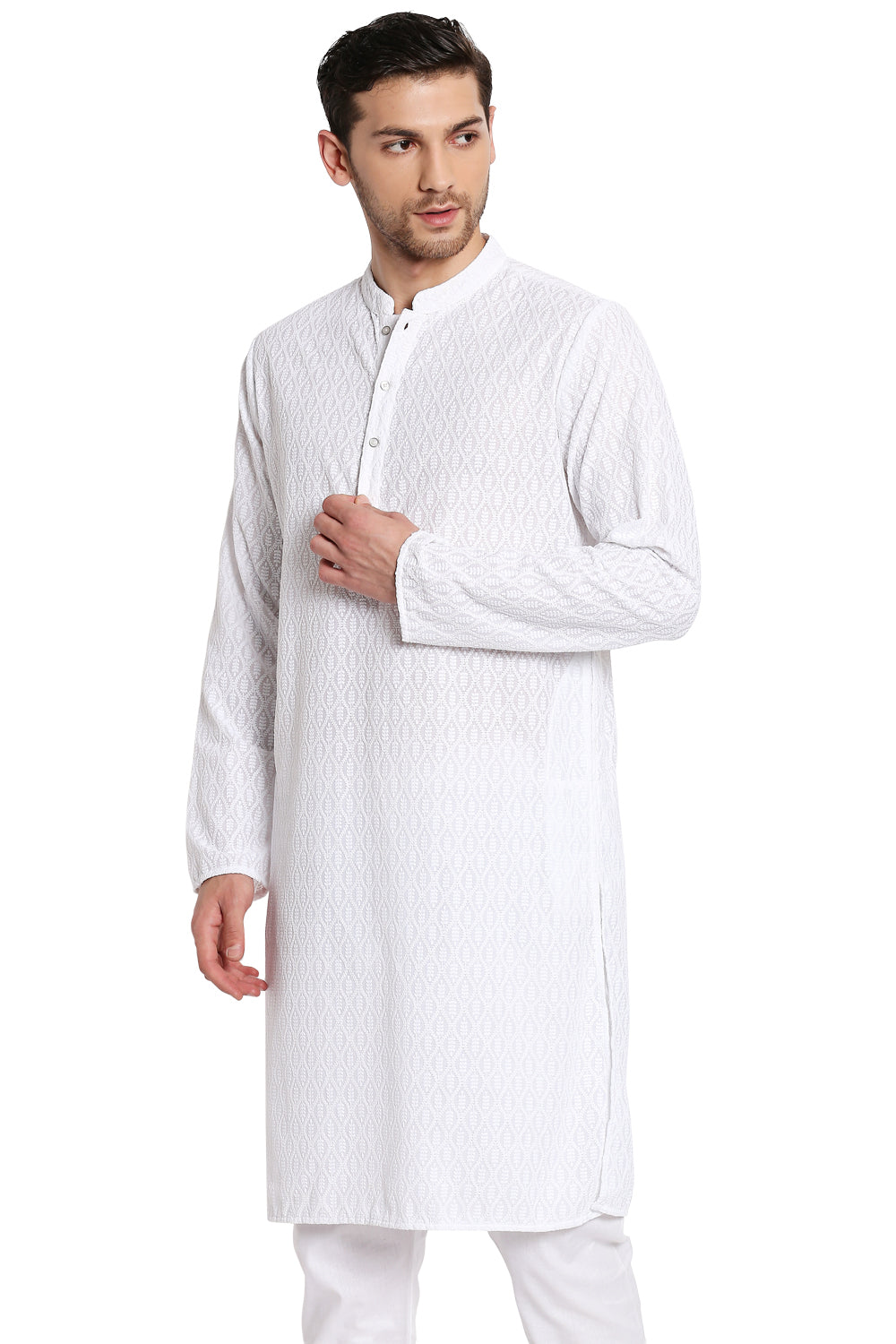 Men's white embroidered cotton knee-length kurta, front view.