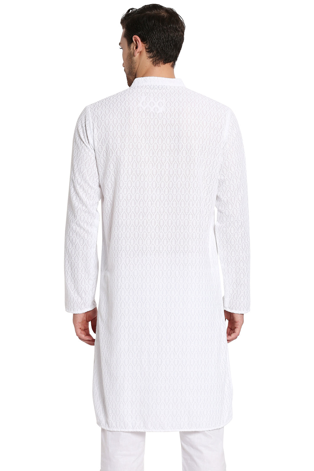 Men's white embroidered cotton knee-length kurta, side view.