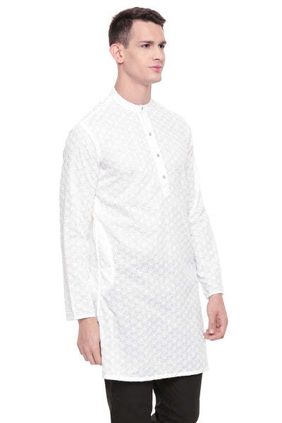 Men's white embroidered cotton knee-length kurta style 2, alternate front view.