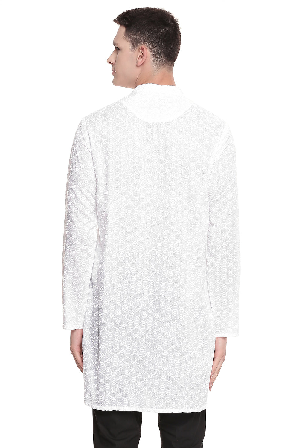 Men's white embroidered cotton knee-length kurta style 2, alternate side view.