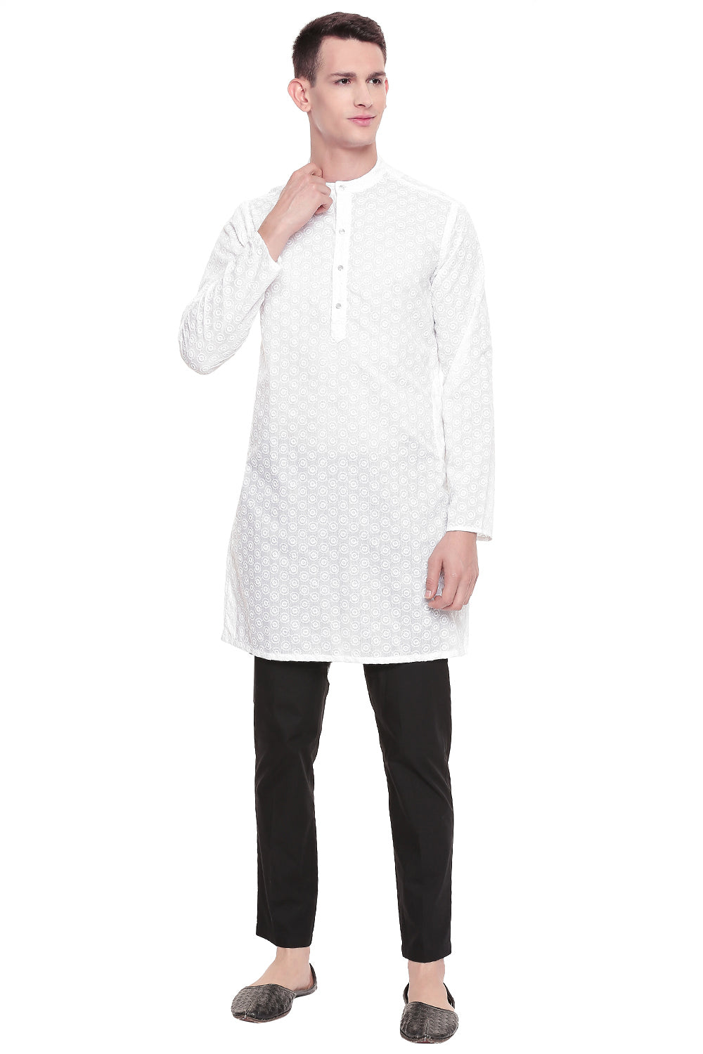 Men's white embroidered cotton knee-length kurta style 2, back view.