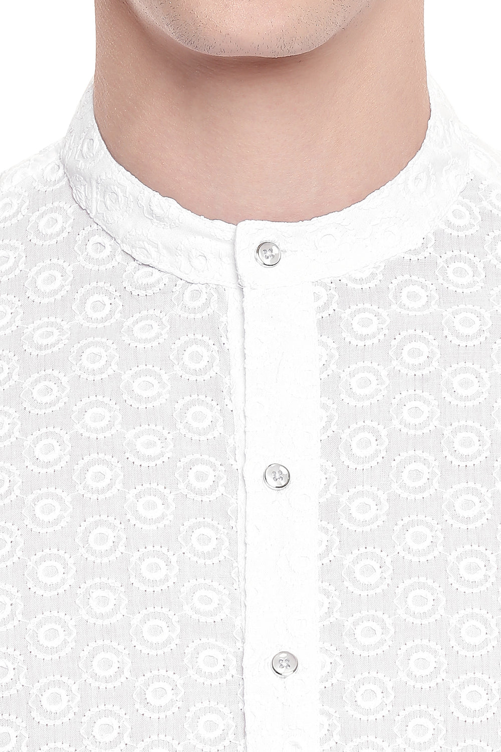 Men's white embroidered cotton knee-length kurta style 2, close-up detail.