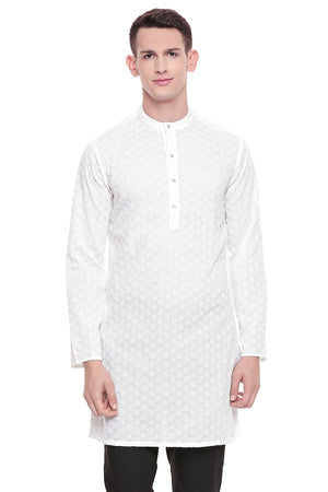 Men's white embroidered cotton knee-length kurta style 2, front view.