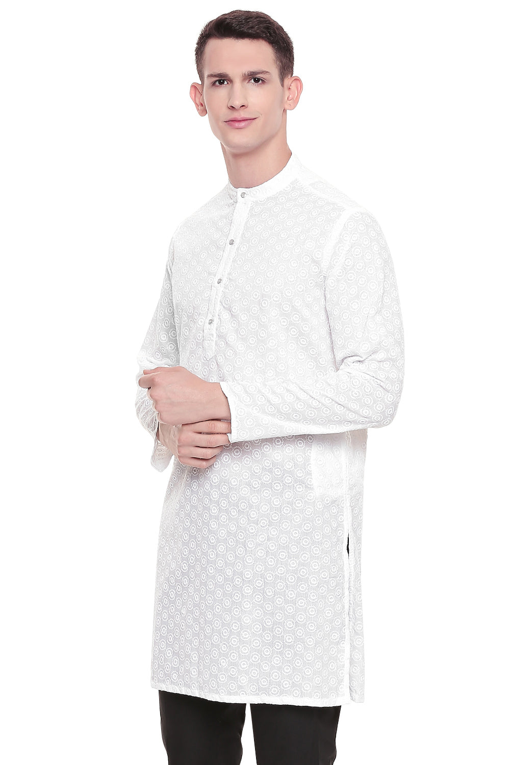 Men's white embroidered cotton knee-length kurta style 2, side view.