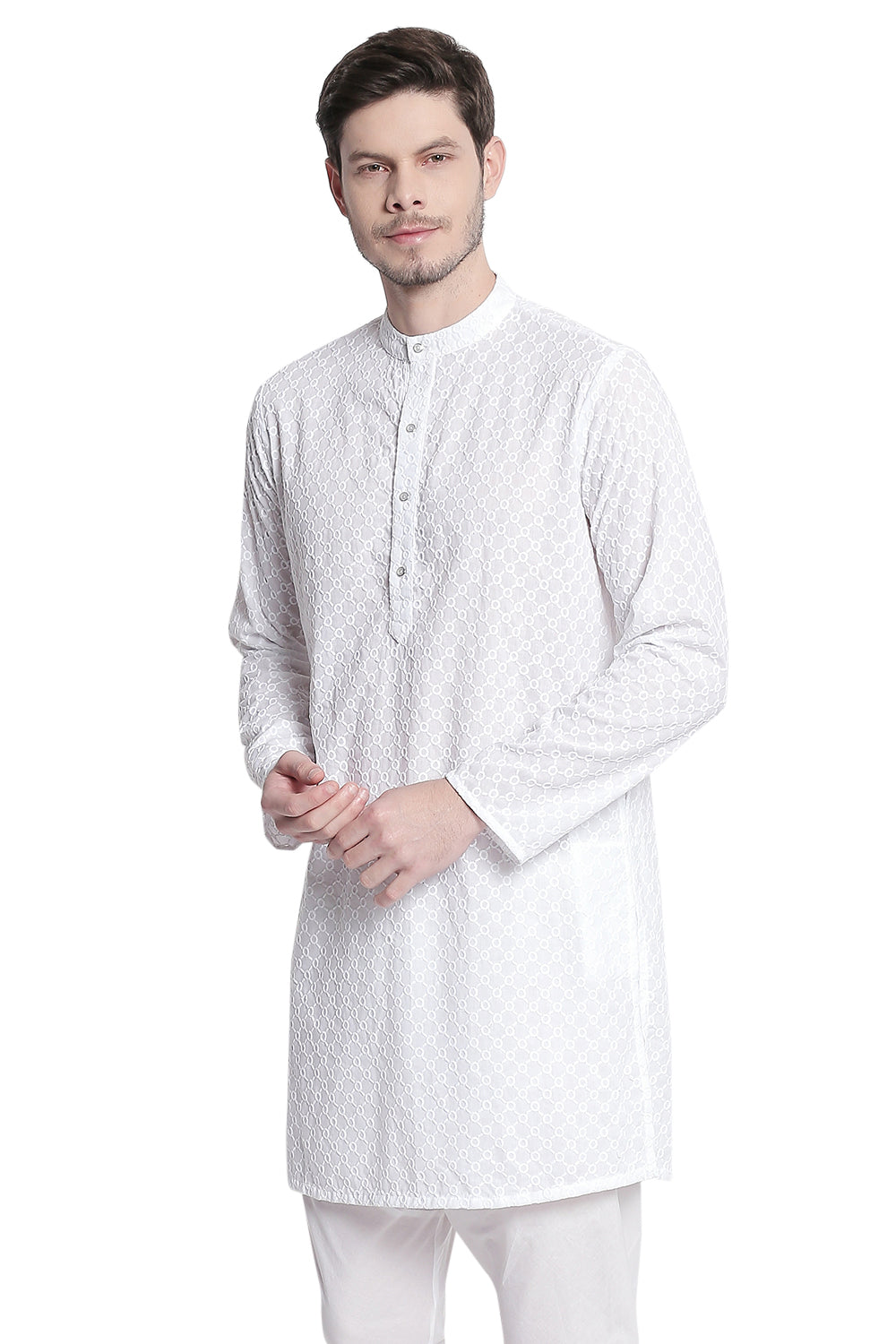 Men's white embroidered cotton knee-length kurta style 3, alternate front view.