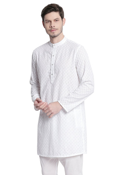 Men's white embroidered cotton knee-length kurta style 3, alternate front view.