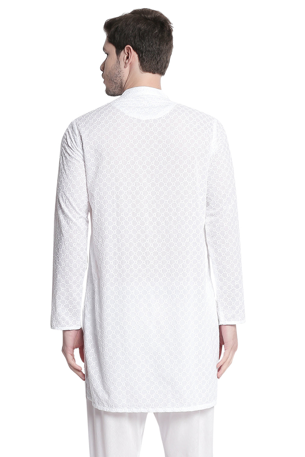 Men's white embroidered cotton knee-length kurta style 3, alternate side view.
