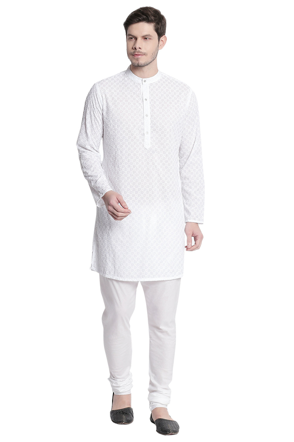 Men's white embroidered cotton knee-length kurta style 3, back view.