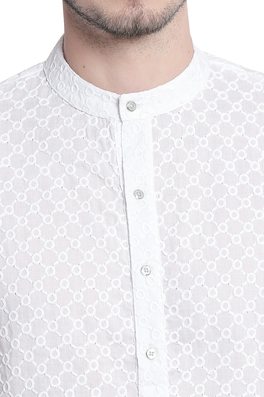 Men's white embroidered cotton knee-length kurta style 3, close-up detail.