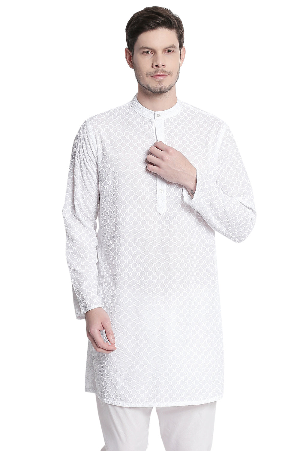 Men's white embroidered cotton knee-length kurta style 3, front view.