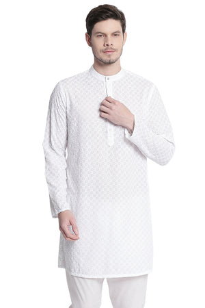 Men's white embroidered cotton knee-length kurta style 3, front view.