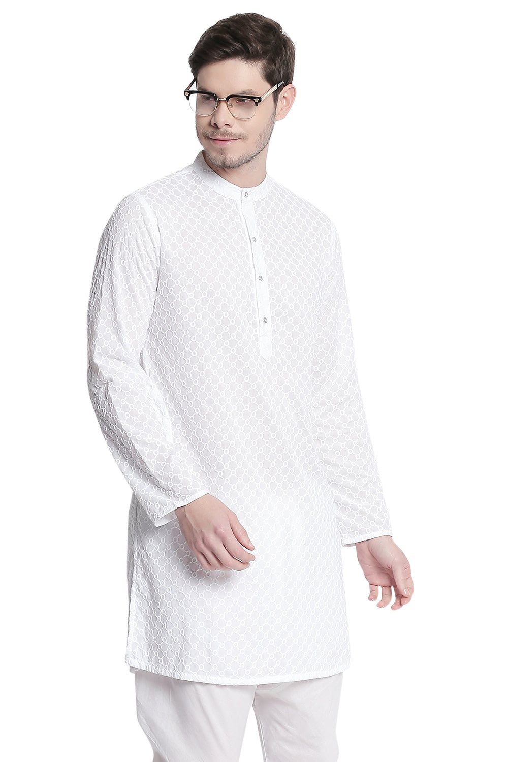 Men's white embroidered cotton knee-length kurta style 3, side view.