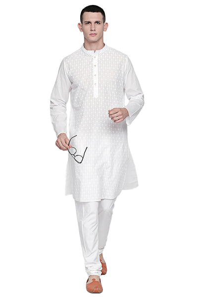 Men's white embroidered cotton knee-length kurta style 4, alternate front view.
