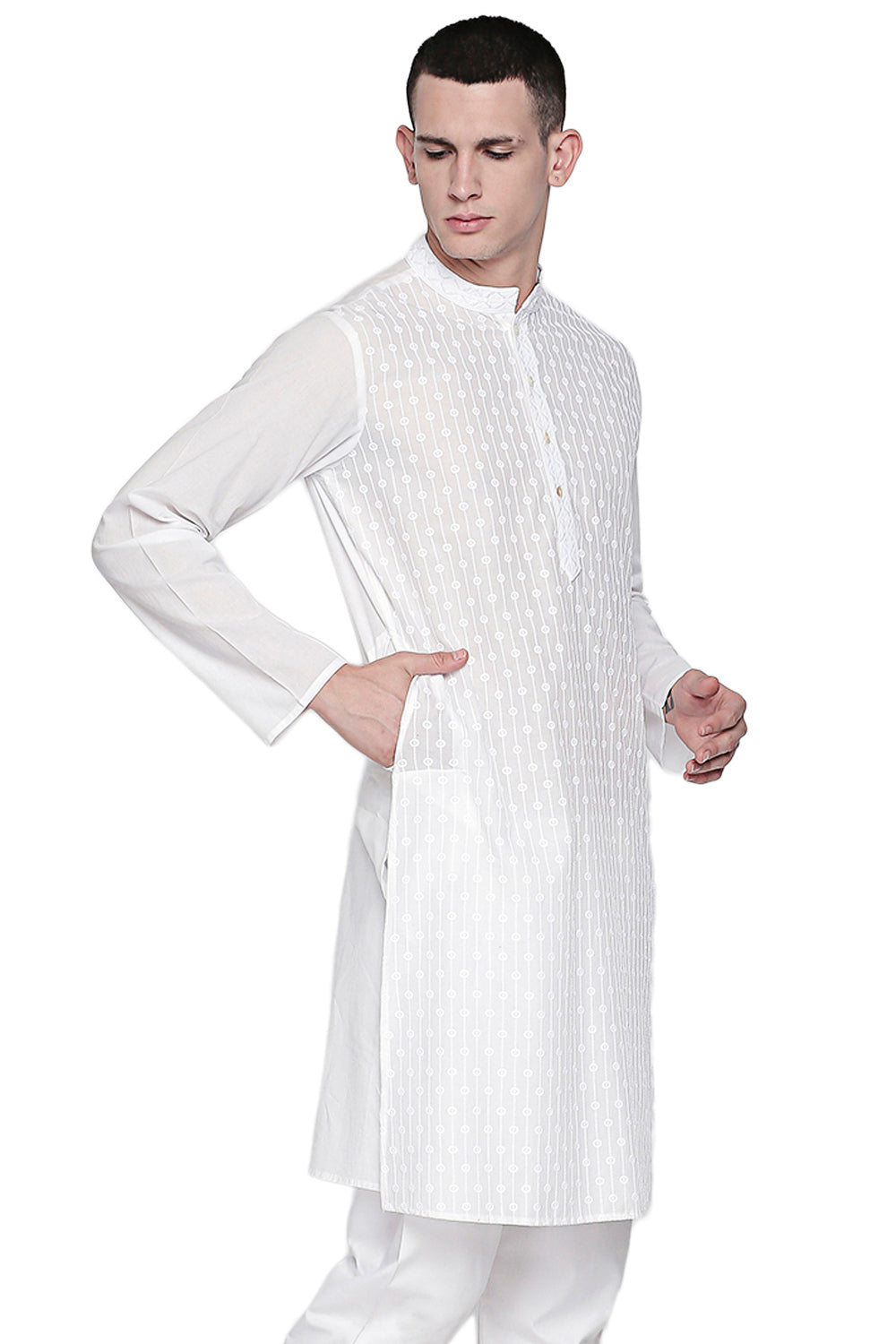 Men's white embroidered cotton knee-length kurta style 4, alternate side view.