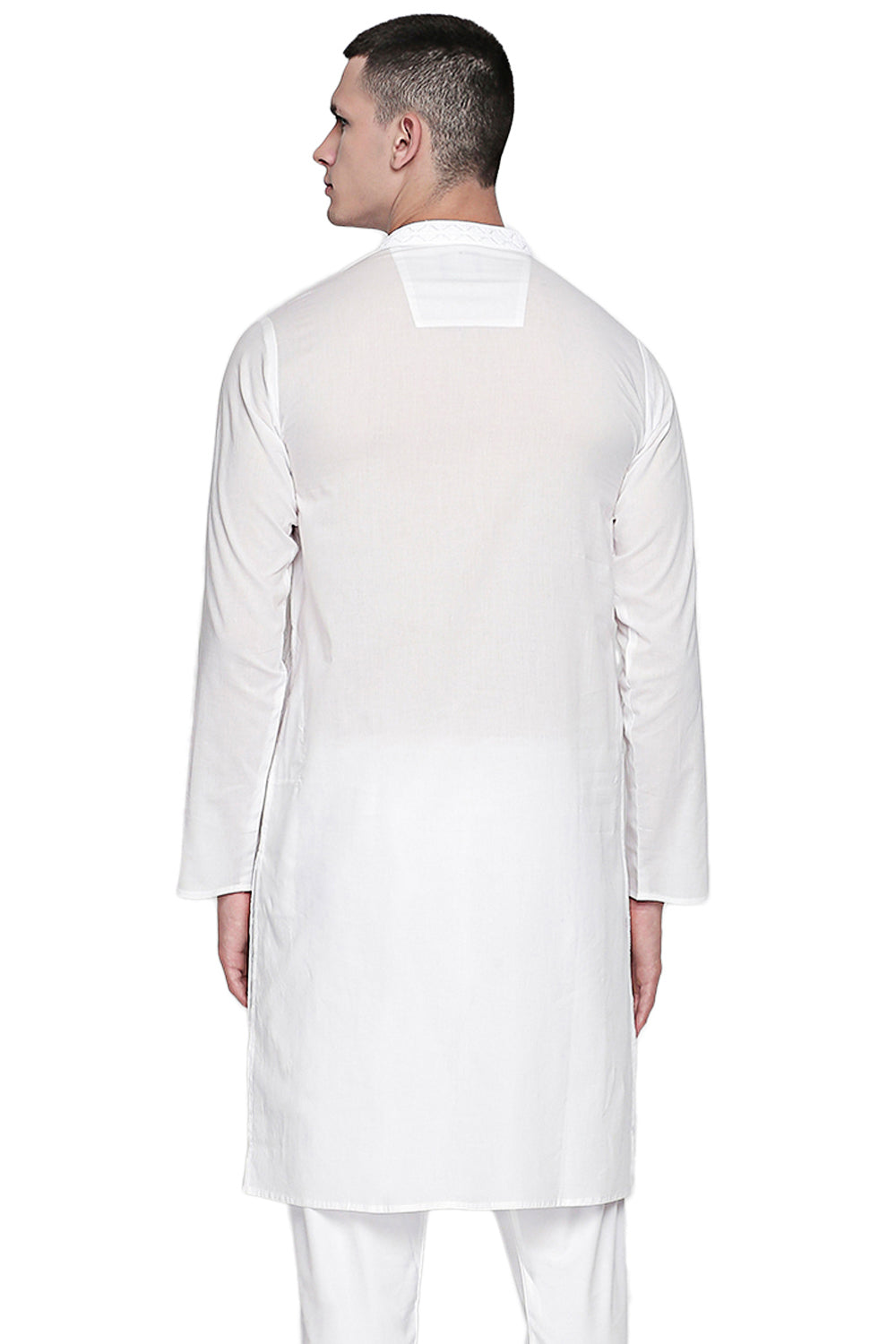 Men's white embroidered cotton knee-length kurta style 4, back view.