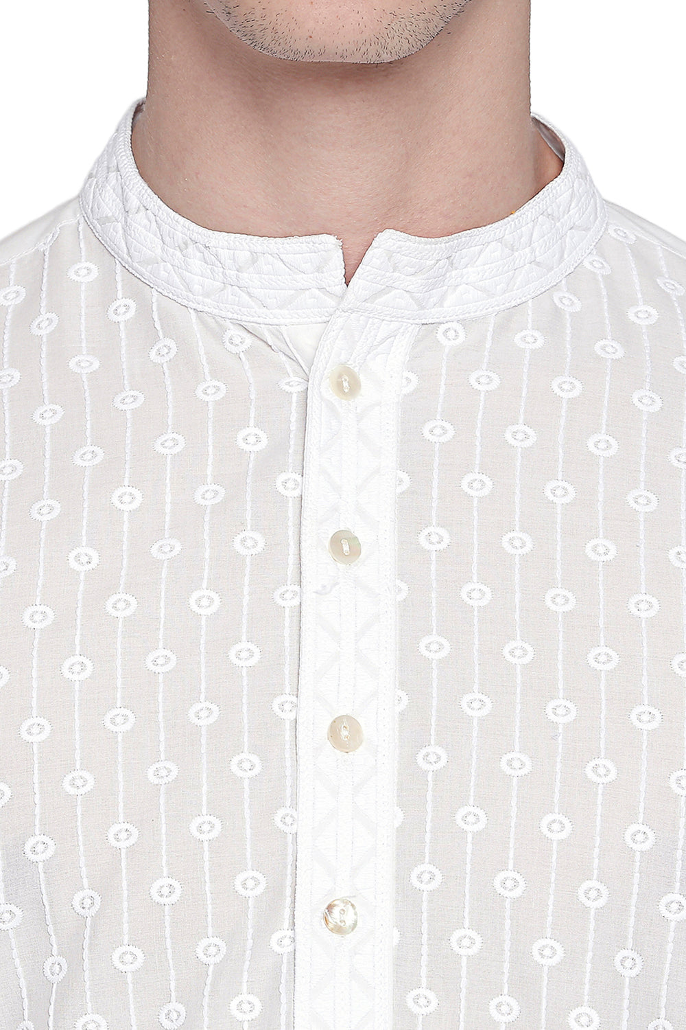 Men's white embroidered cotton knee-length kurta style 4, close-up detail.