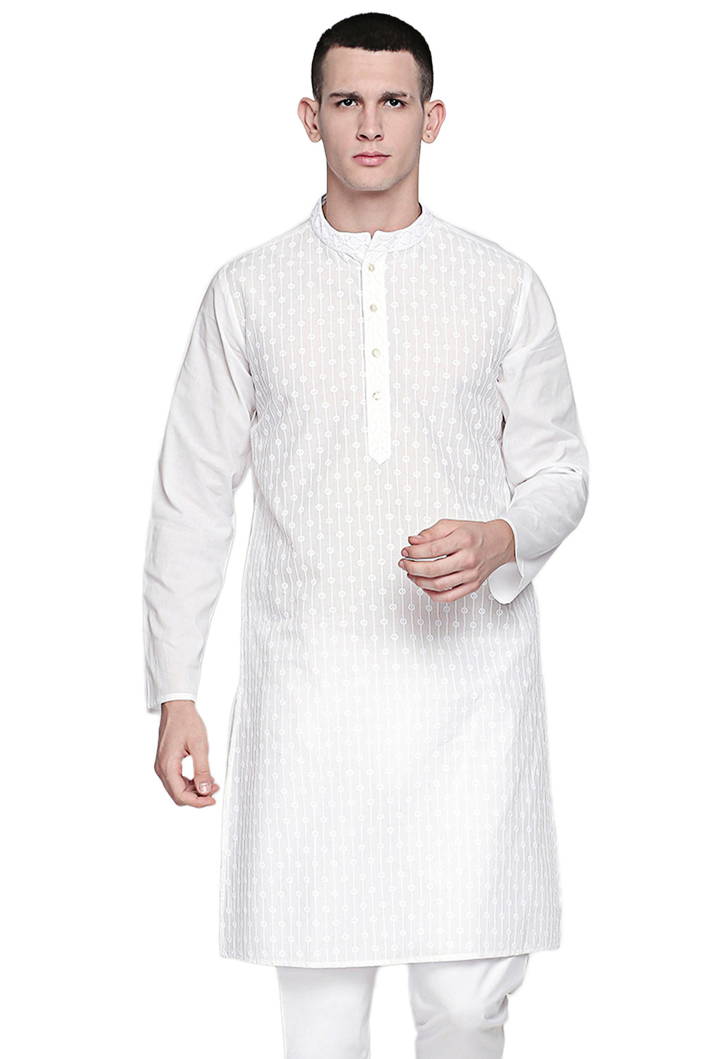 Men's white embroidered cotton knee-length kurta style 4, front view.