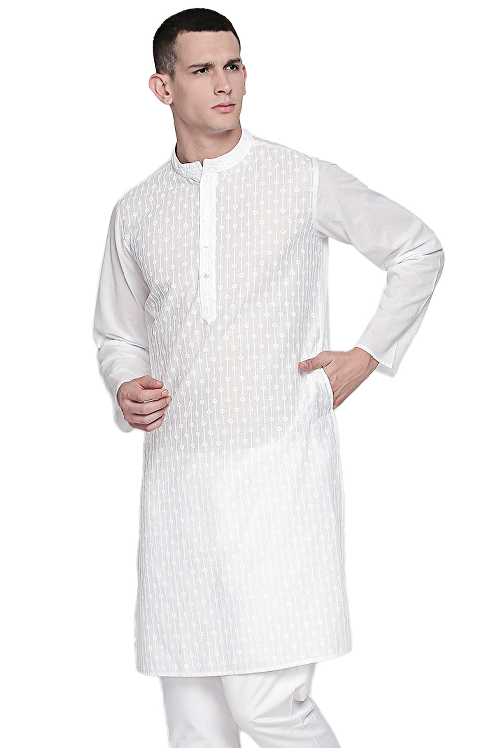 Men's white embroidered cotton knee-length kurta style 4, side view.
