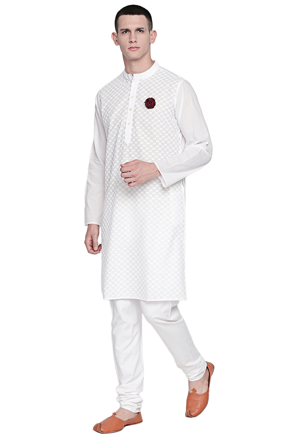 Men's white embroidered cotton knee-length kurta style 5, alternate front view.