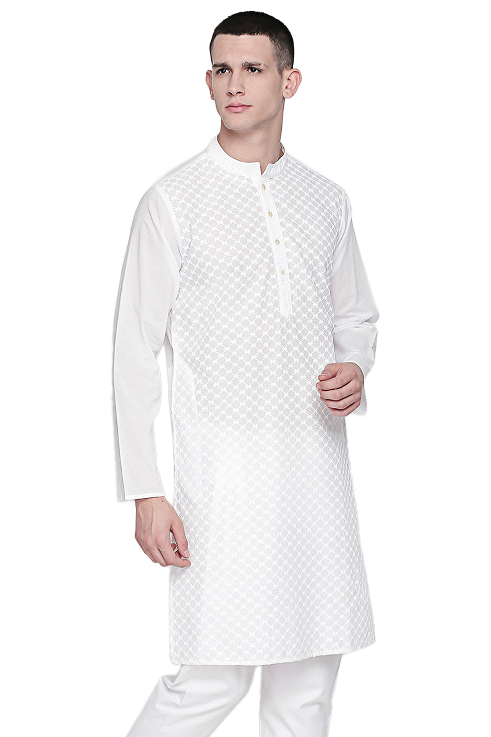 Men's white embroidered cotton knee-length kurta style 5, alternate side view.