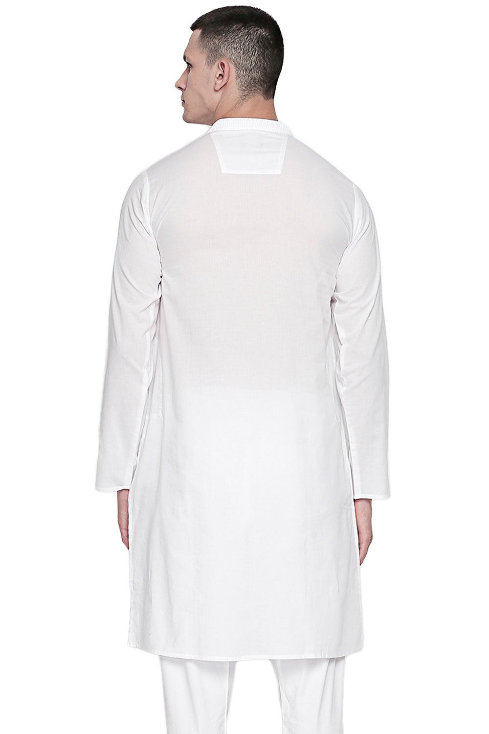 Men's white embroidered cotton knee-length kurta style 5, back view.