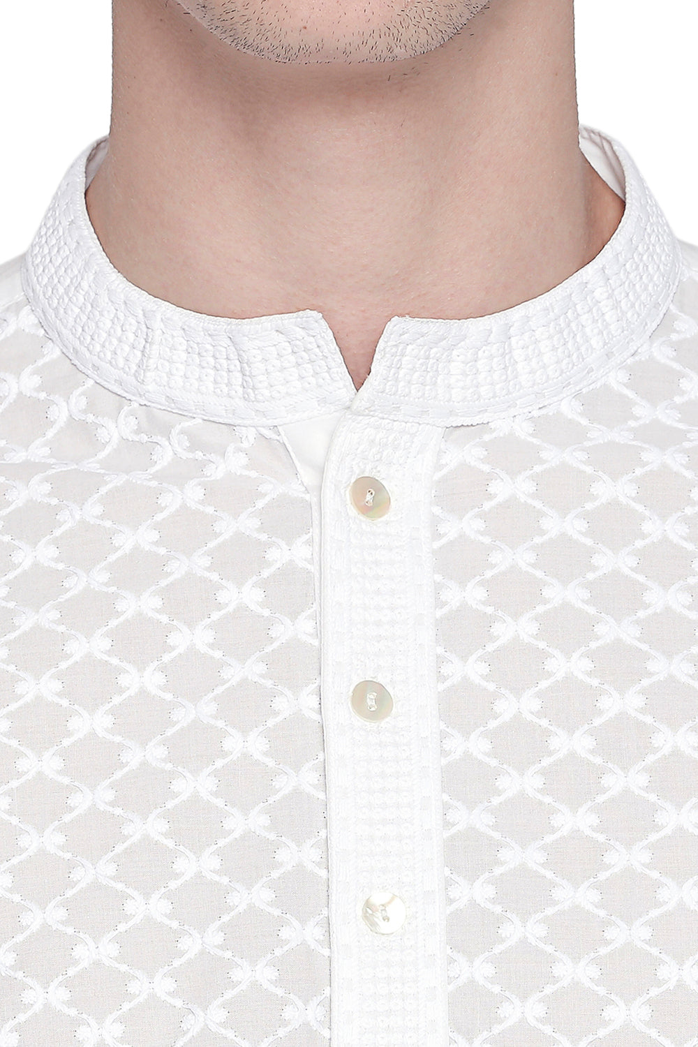 Men's white embroidered cotton knee-length kurta style 5, close-up detail.