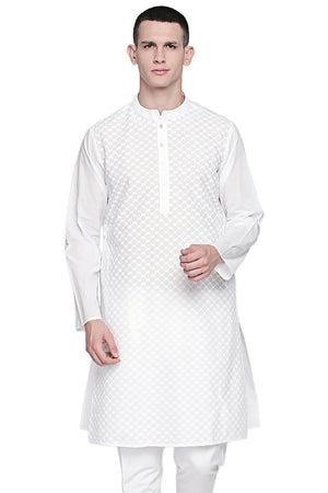 Men's white embroidered cotton knee-length kurta style 5, front view.