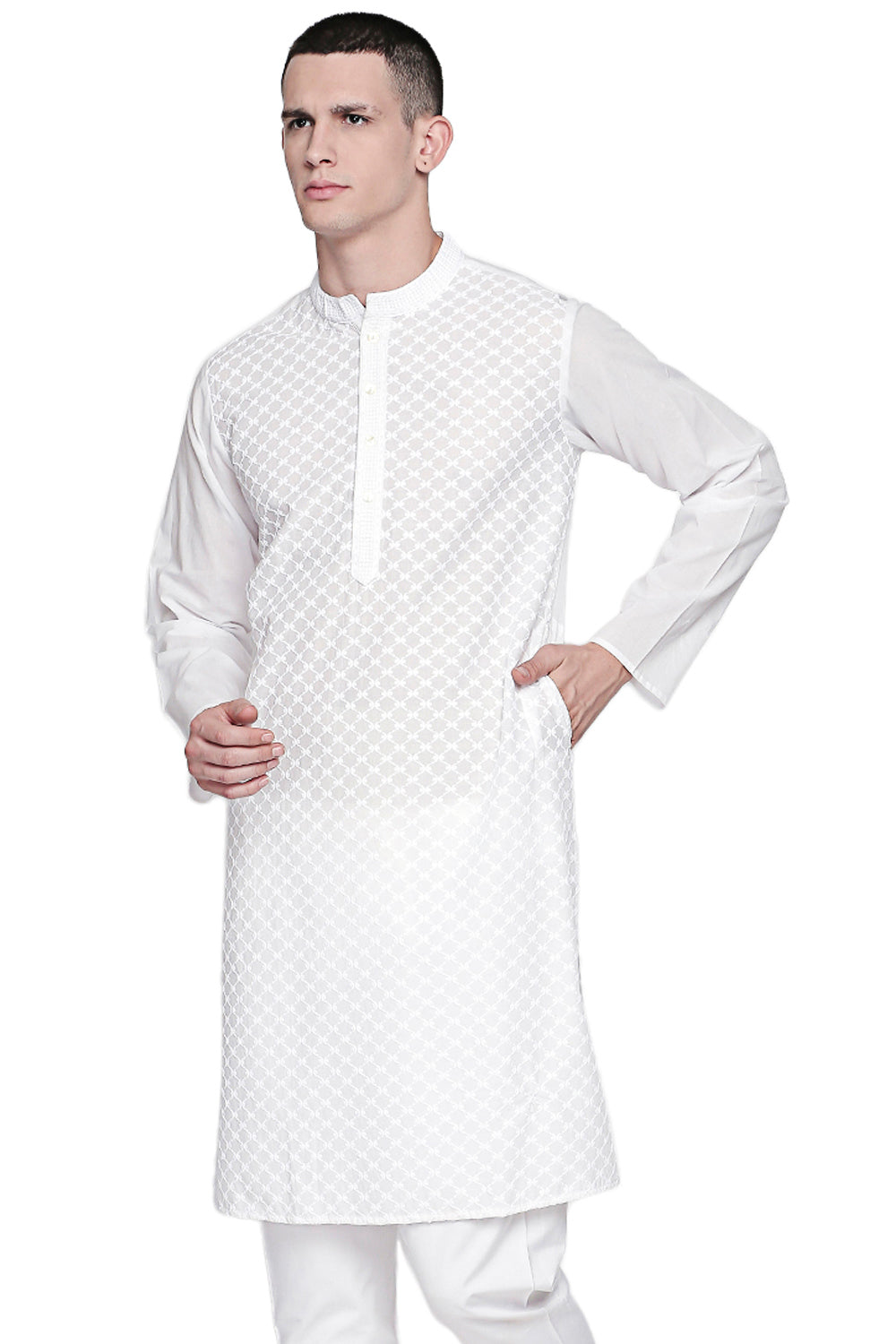 Men's white embroidered cotton knee-length kurta style 5, side view.