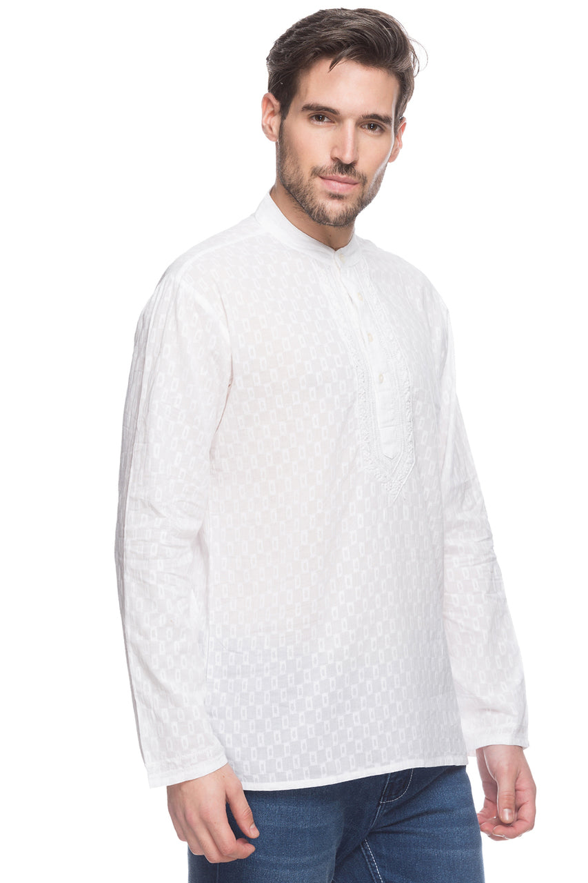 Alternate side view of men's White Embroidered Cotton Short Kurta Mandarin Collar for festive style