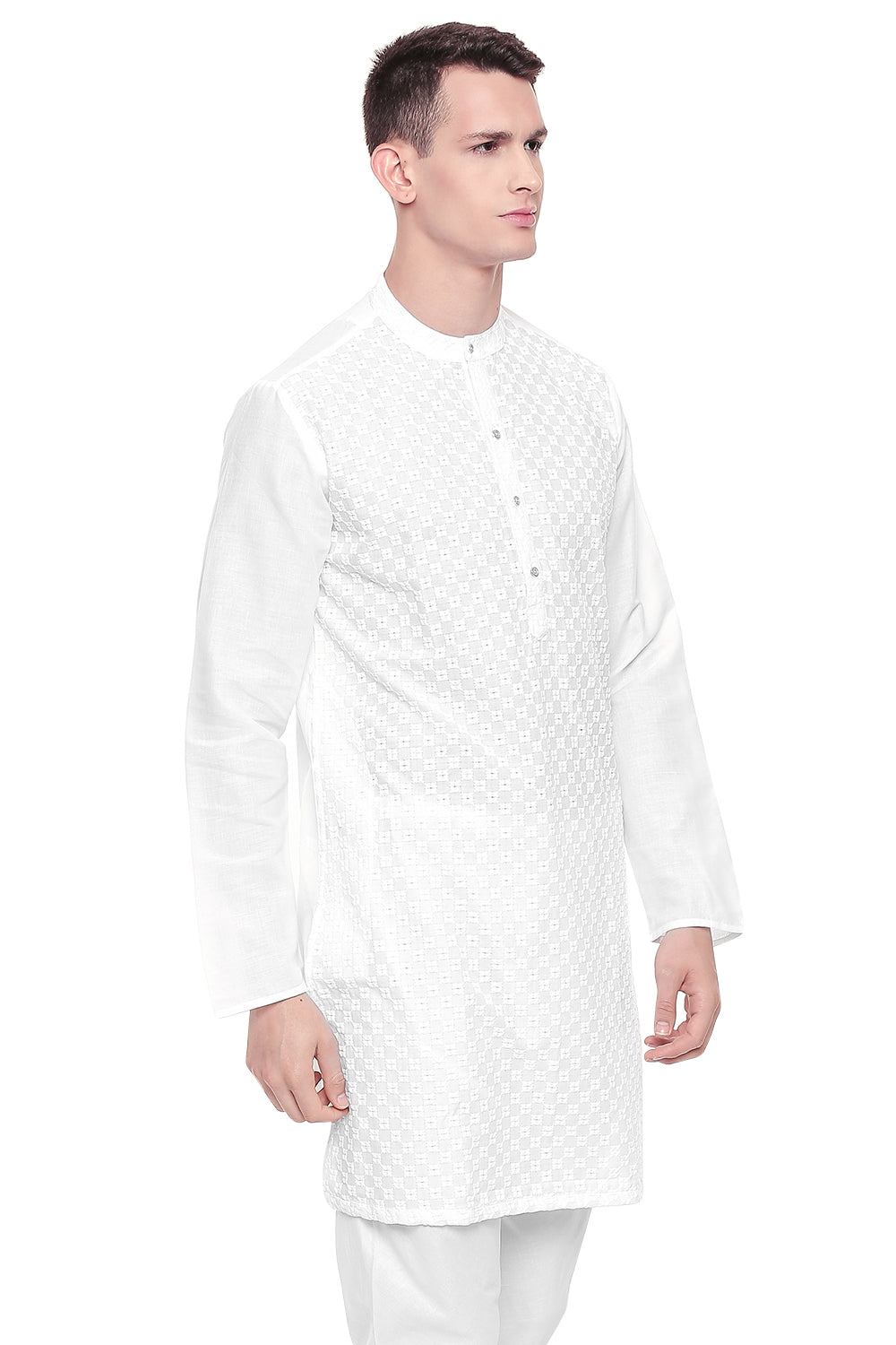 Men's white hand-embroidered cotton knee-length kurta, alternate front view.